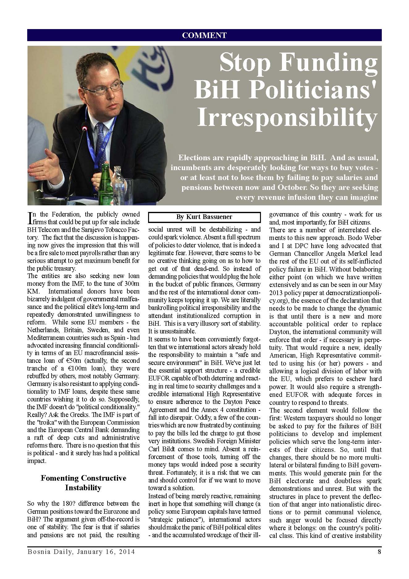 DPC BOSNIA DAILY: Stop Funding BiH Politicians' Irresponsibility