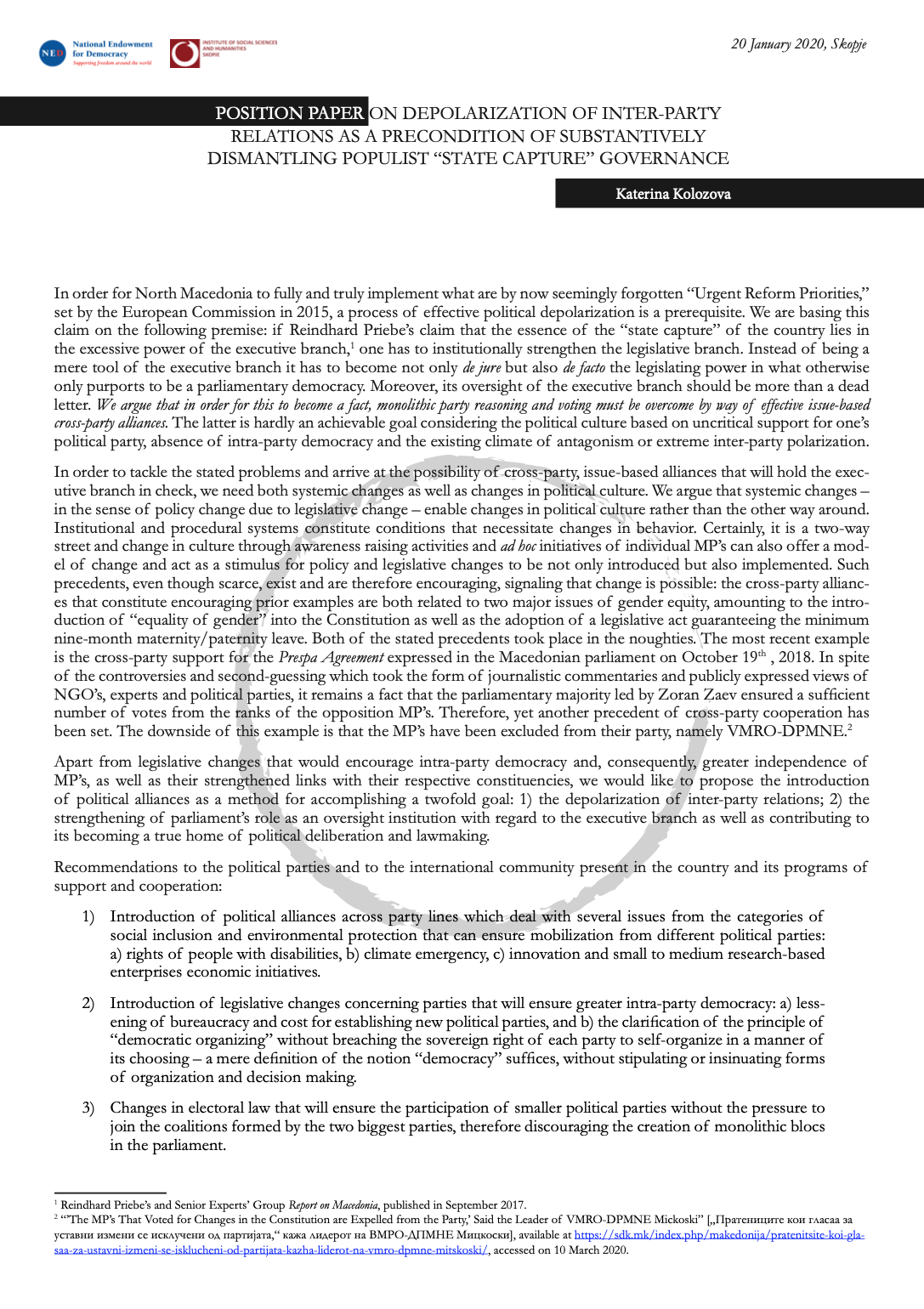 Position Paper on Depolarization of Inter-Party Relations as a Precondition of Substantively Dismantling Populist “State Capture” Governance