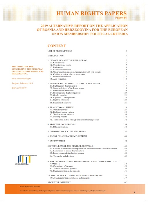 2019 Alternative Report on the Application of Bosnia and Herzegovina for European Union Membership: Political Criteria Cover Image